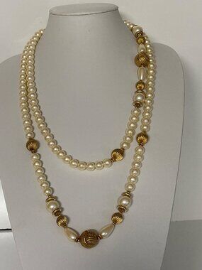 Vintage Faux Pearl Gold Tone Beads Long Necklace Classic Jewelry 58 in